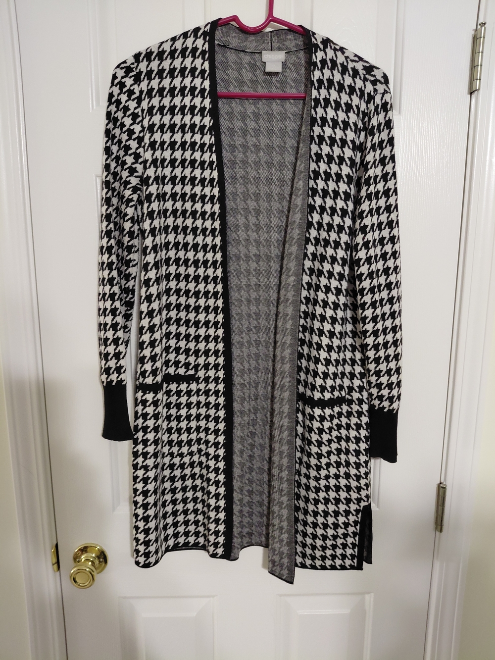 Chico's Black and White Houndstooth Open-Front Cardigan